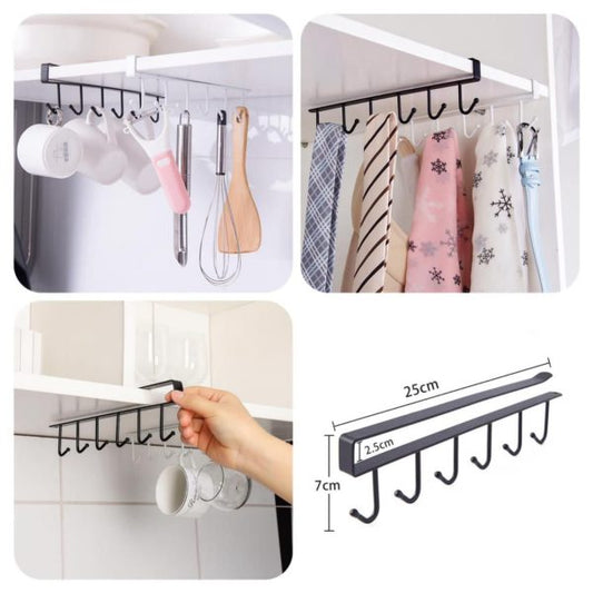 6-hook Under-the-shelf Mug Rack Kitchen Hanging Organizer